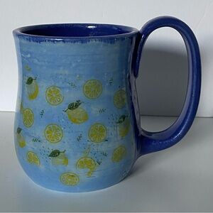 Lemon Mug Hand Thrown Art Pottery Blue Yellow Signed EUC 4.25” Coffee Tea Fruit